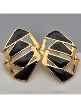 Vintage Monet Black Enamel Geometric Clip-On Earrings 1980s